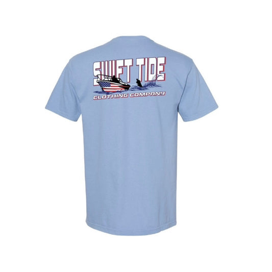 Stars and Stripes Ski Boat Tee | Lt. Blue - Swift Tide Clothing Company