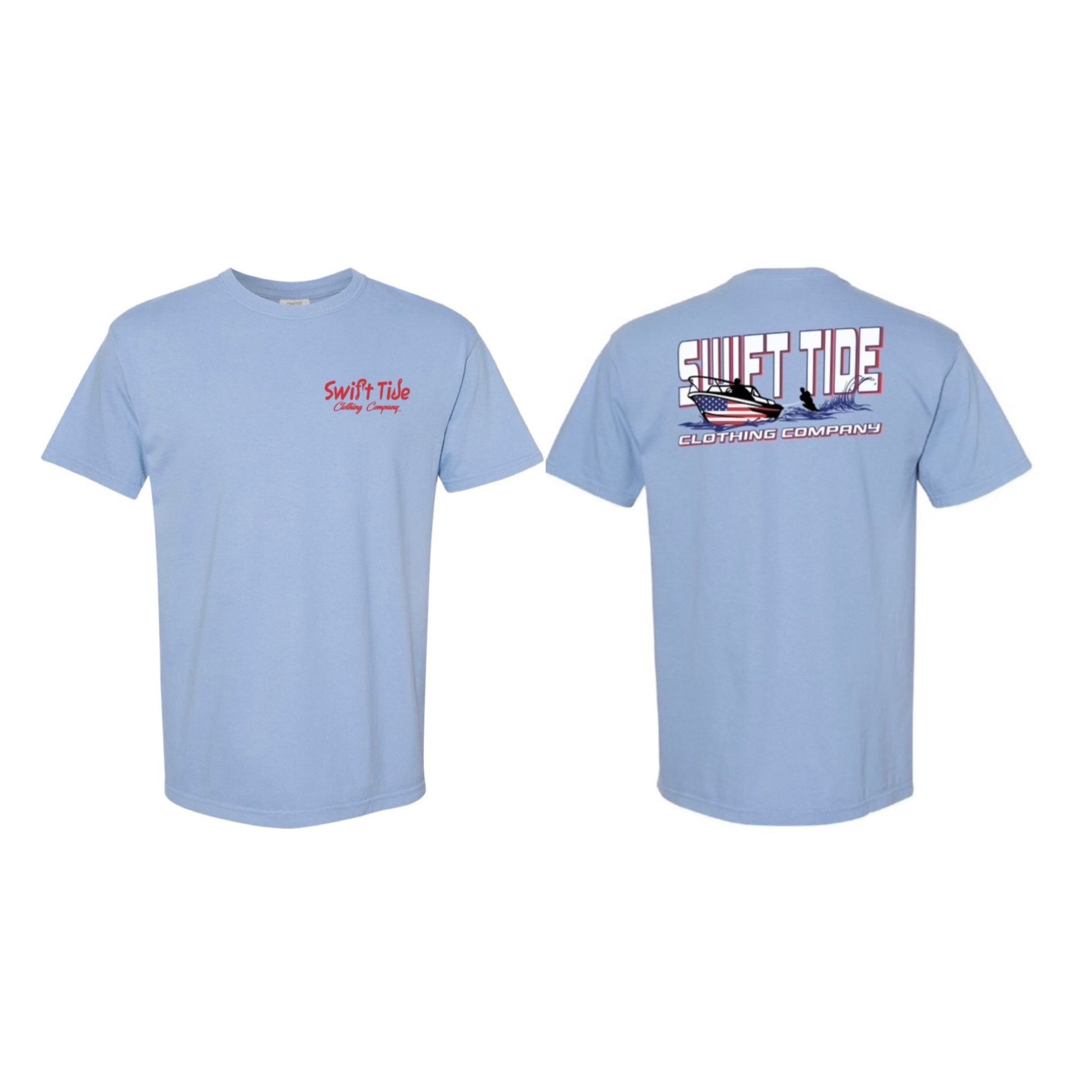 Stars and Stripes Ski Boat | Comfort Color Tee | Washed Denim - Swift Tide Clothing Company